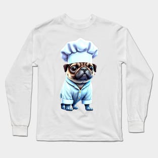 Cute Pug Chef T-Shirt - Adorable Pug in Chef Uniform Design Long Sleeve T-Shirt